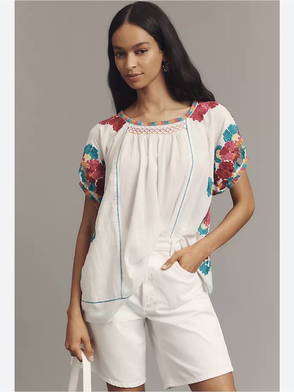 Anthropologie By Anthropologie Short-Sleeve Embroidered Tunic Top